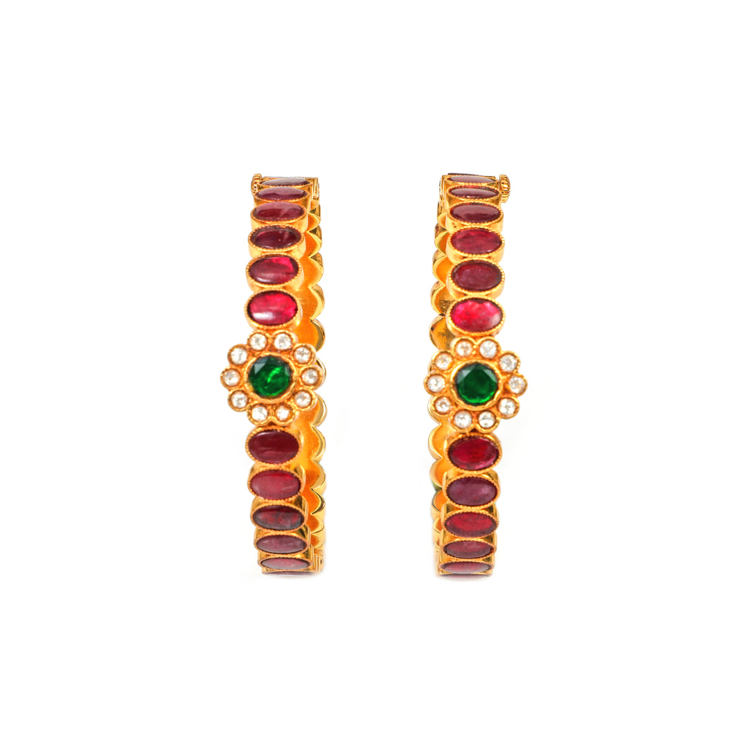 Mayura Emerald-Tone Floral: bangles with green stones, red floral accents and clear stone detailing