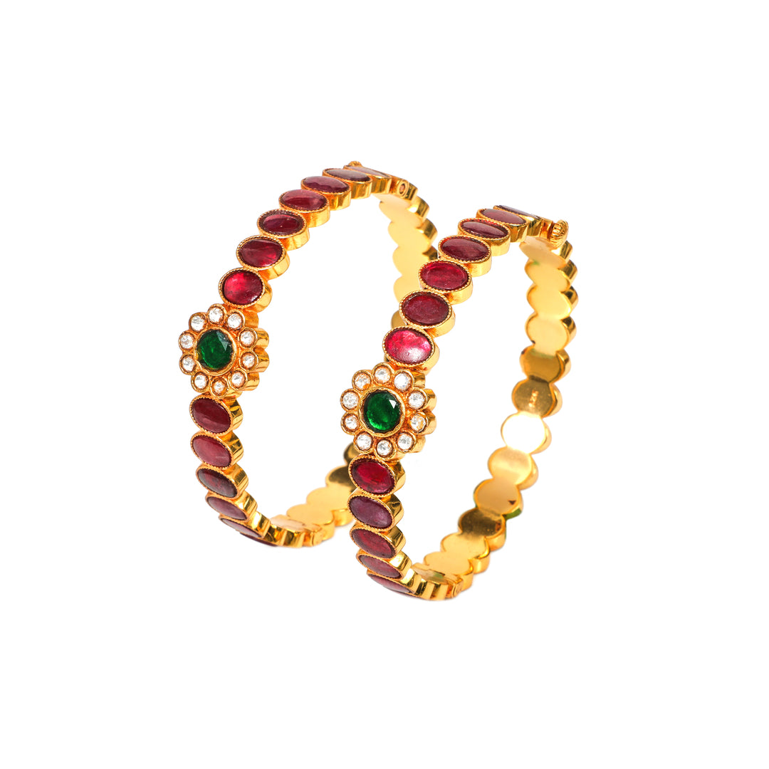 Mayura Emerald-Tone Floral: bangles with green stones, red floral accents and clear stone detailing