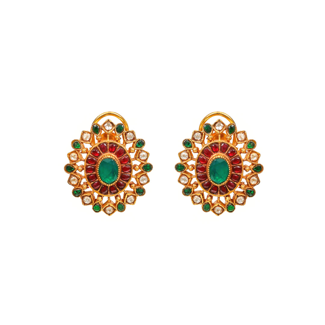 Padma Ruby Floral: round floral earrings with red and green accents and clear stone detailing