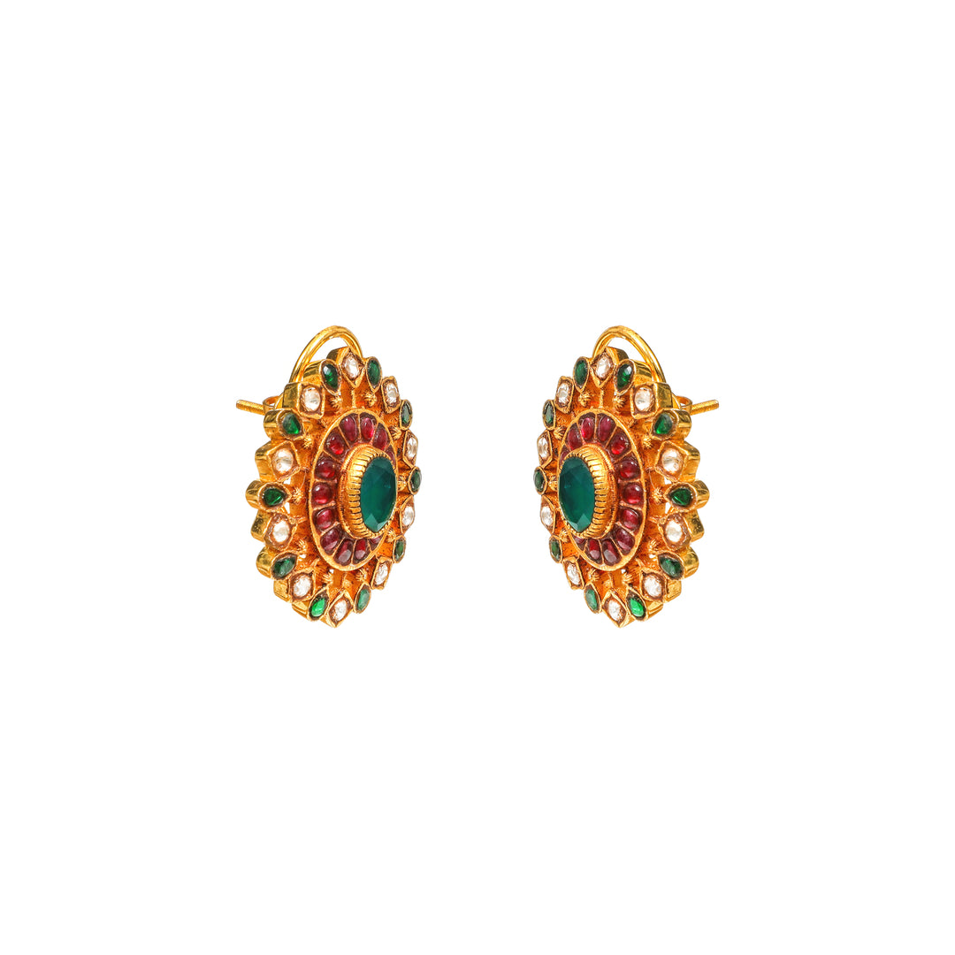 Padma Ruby Floral: round floral earrings with red and green accents and clear stone detailing