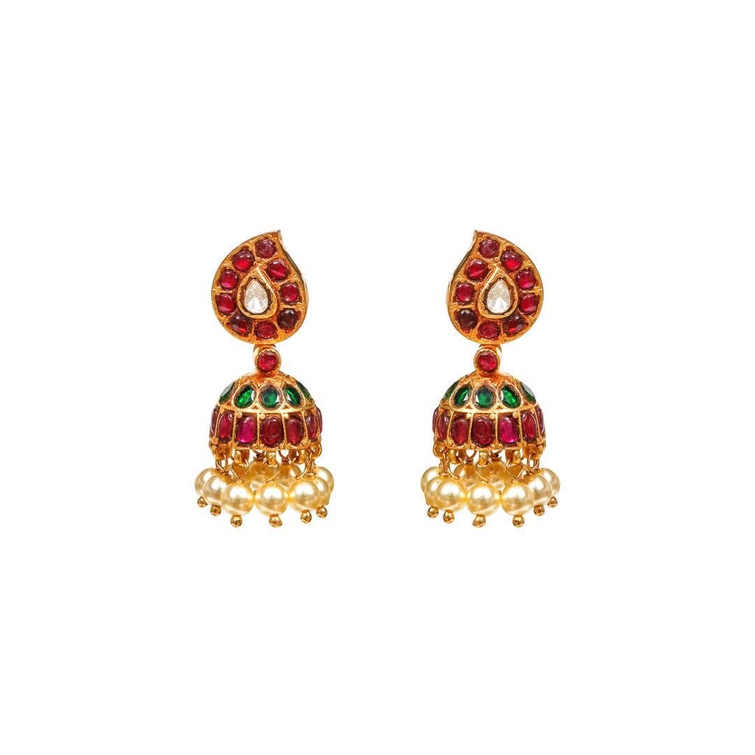 Gulabi Jhumka: red-toned floral top earrings with traditional bell-shaped drops and small hanging details