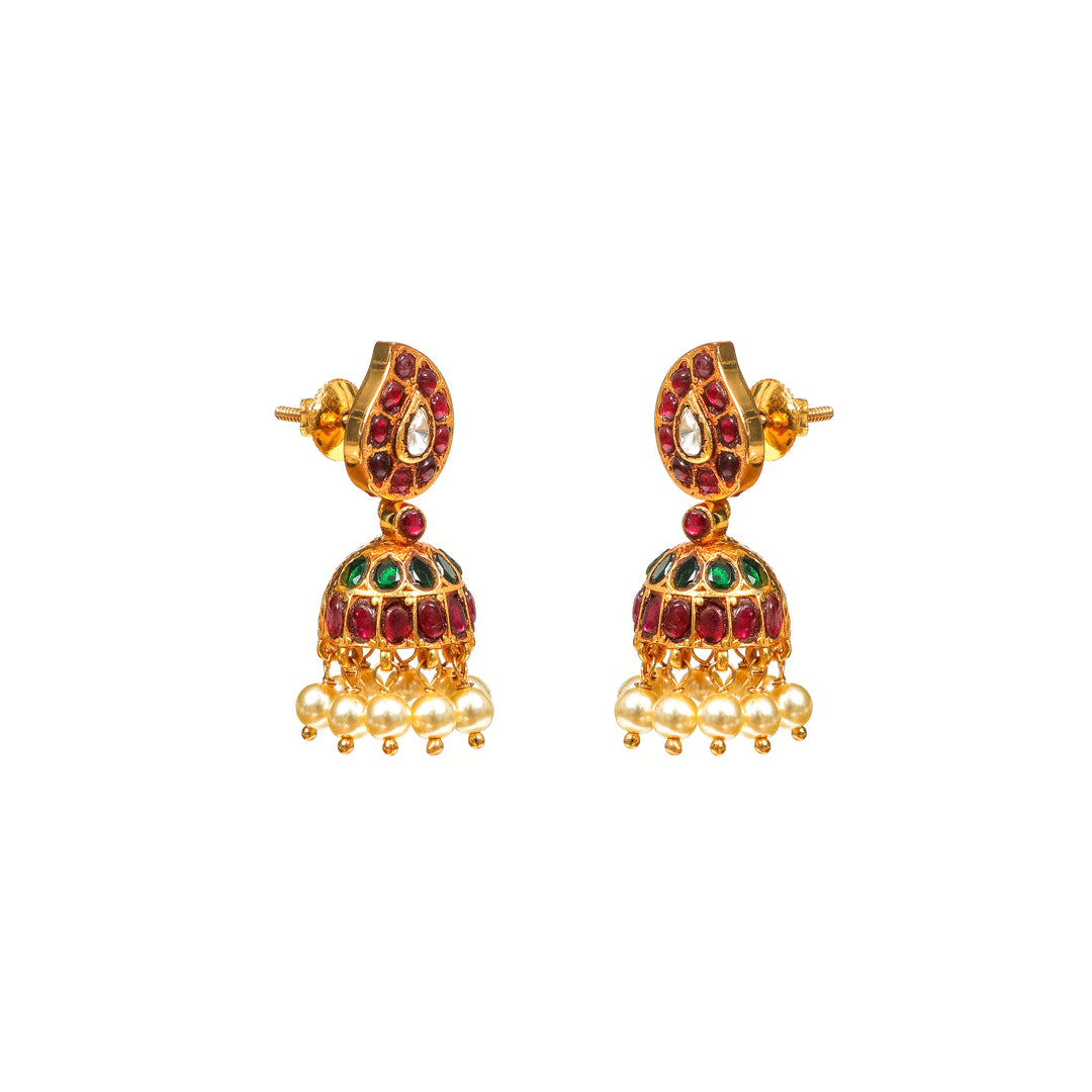 Gulabi Jhumka: red-toned floral top earrings with traditional bell-shaped drops and small hanging details