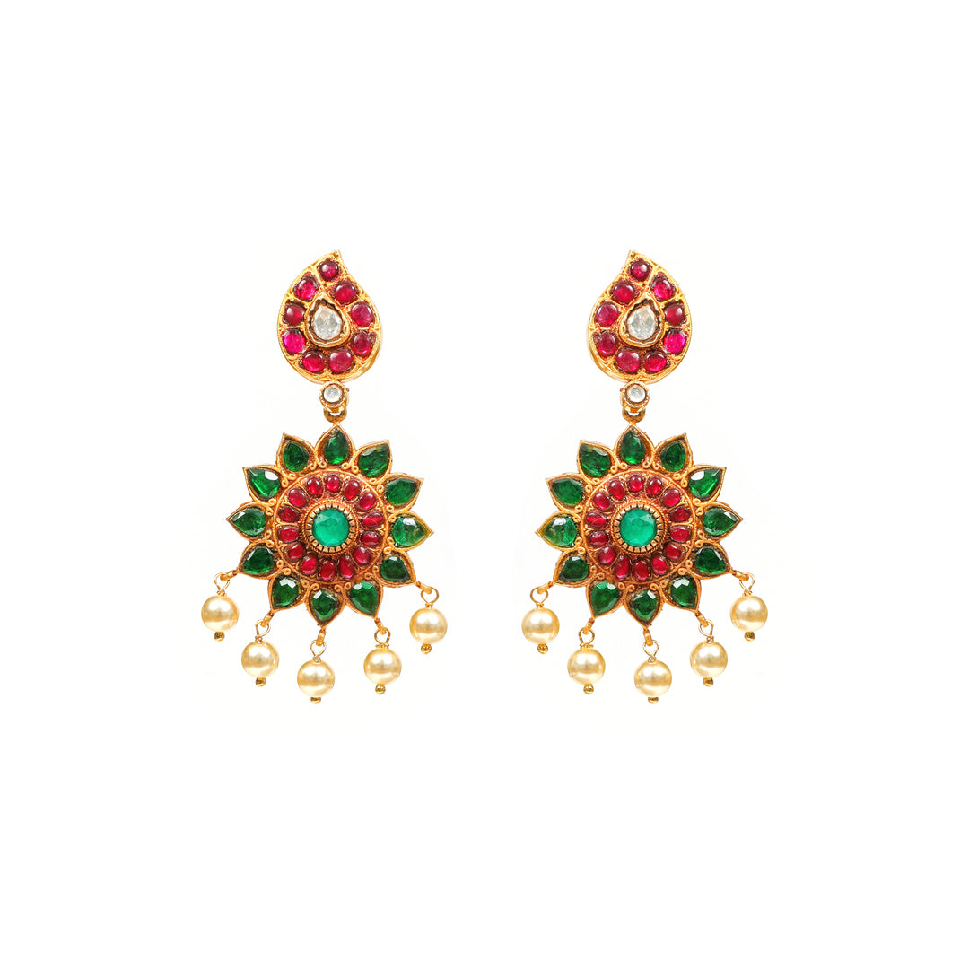 Meenakari Bloom: floral earrings with green and red accents and decorative drop details