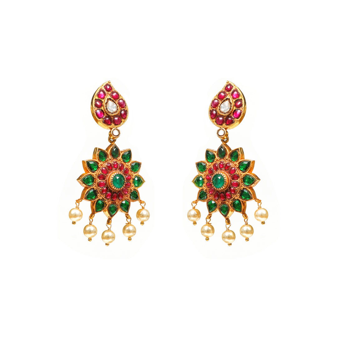 Meenakari Bloom: floral earrings with green and red accents and decorative drop details