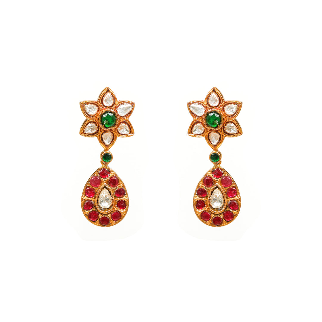 Kamal Ruby Drop: star-flower stud tops with red oval drops and green accents