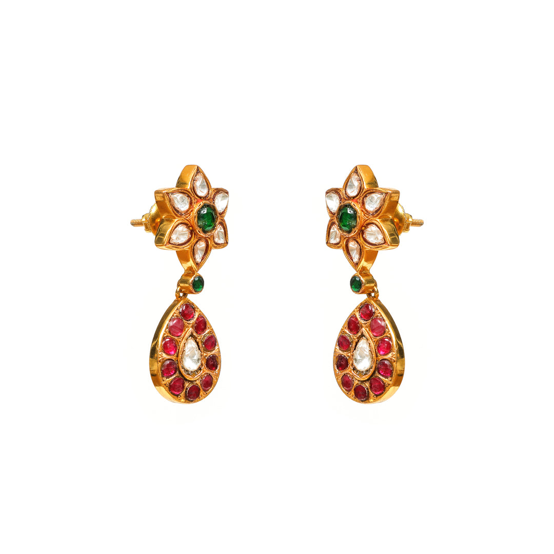 Kamal Ruby Drop: star-flower stud tops with red oval drops and green accents
