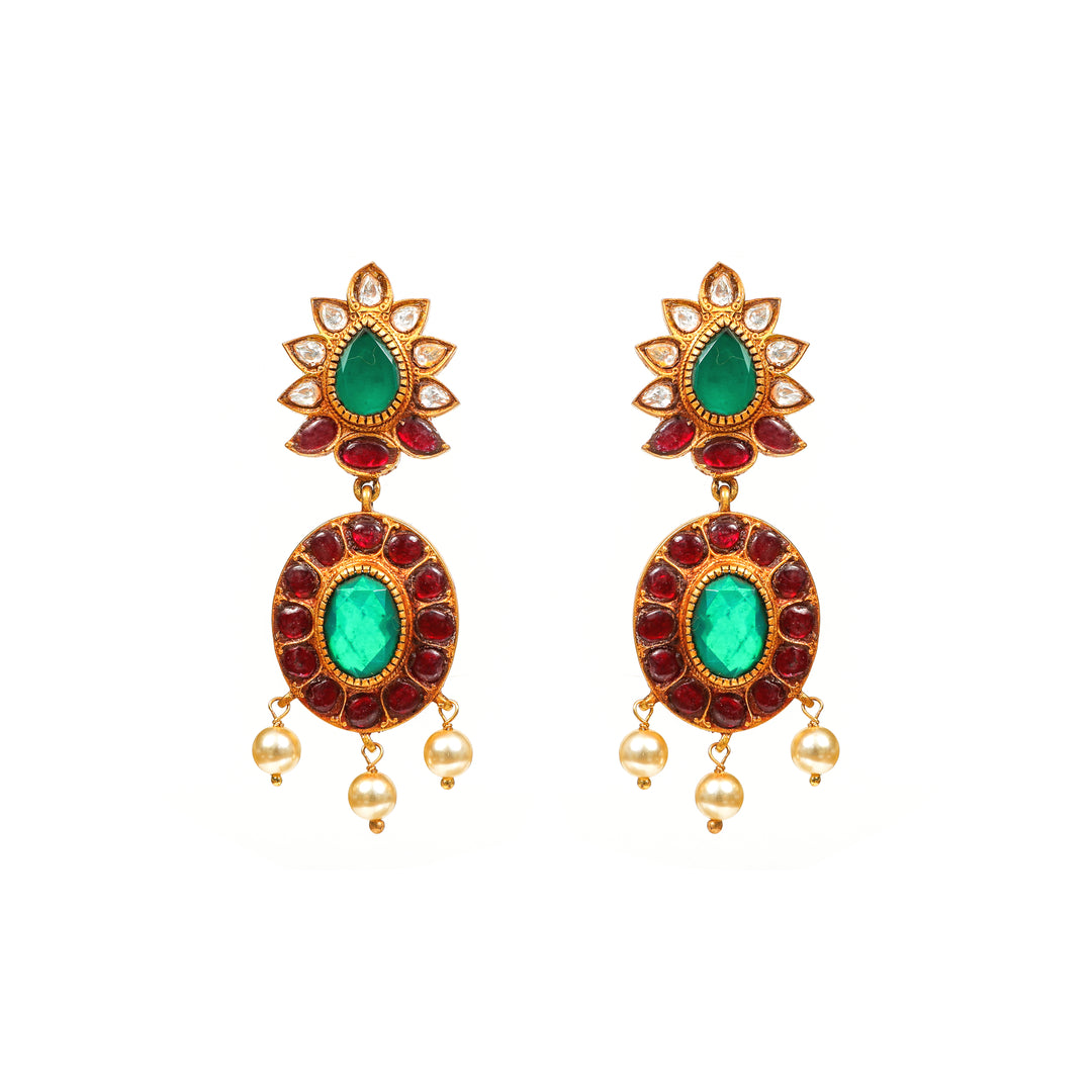 Mayura Teardrop: green floral tops with oval red-and-green centre drops