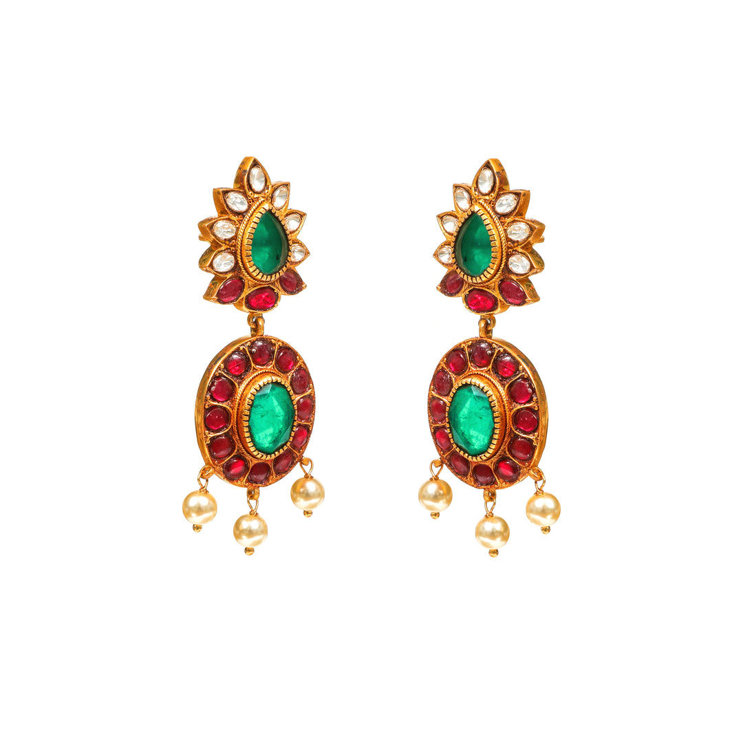 Mayura Teardrop: green floral tops with oval red-and-green centre drops