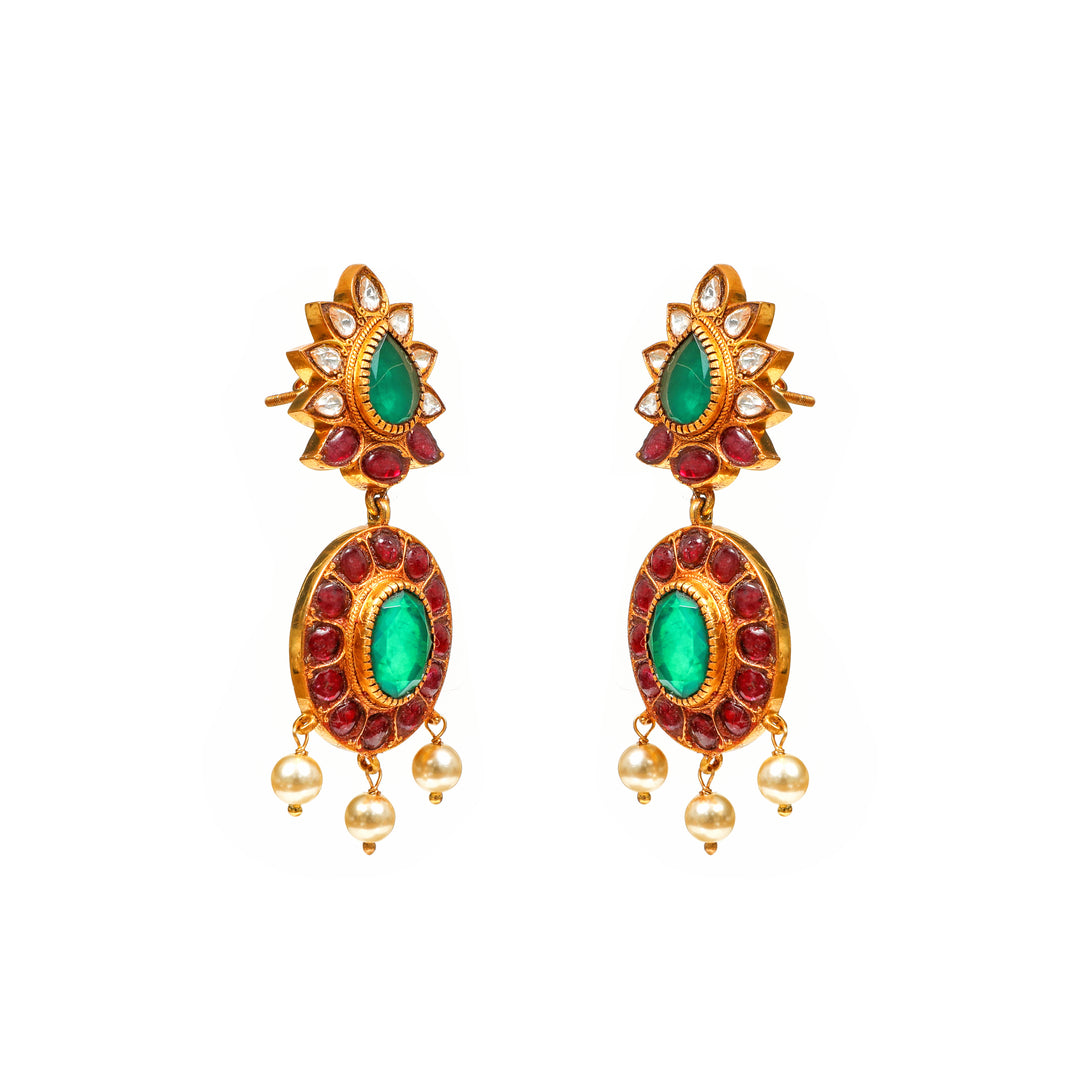 Mayura Teardrop: green floral tops with oval red-and-green centre drops