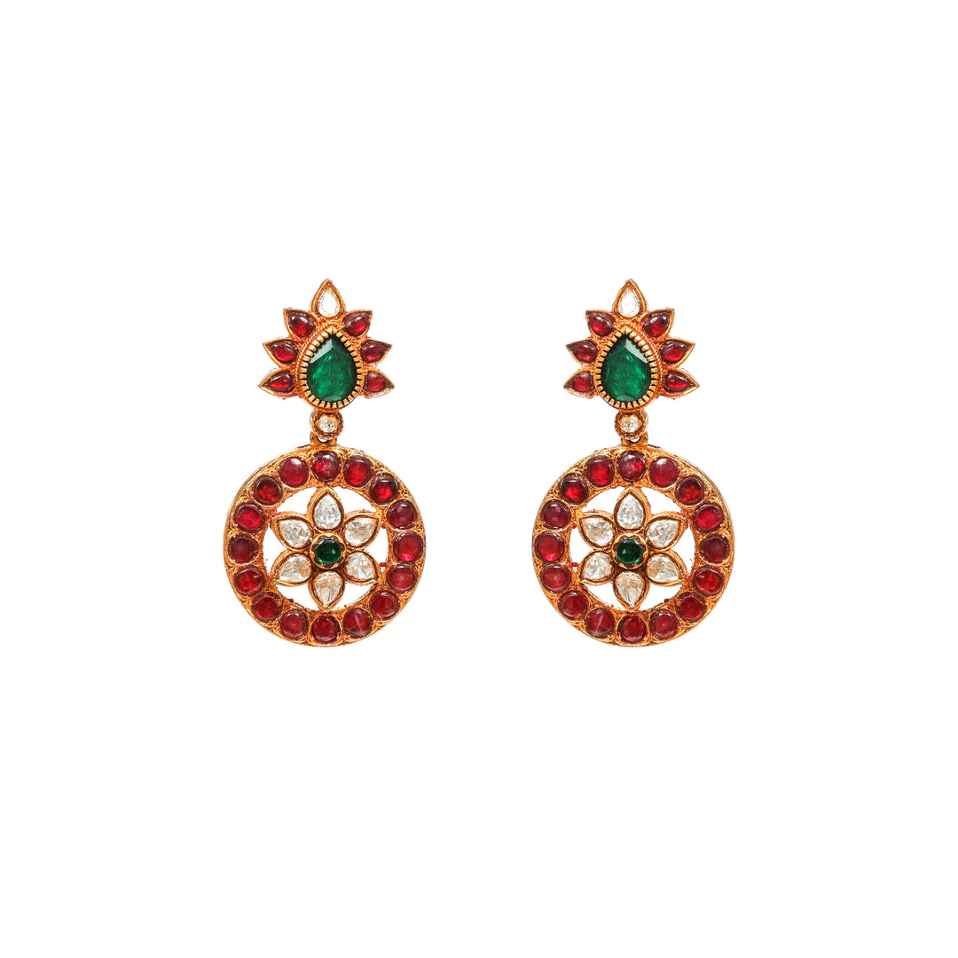 Rang Mahal Circular: round statement earrings with red and green accents and an ornate circular motif