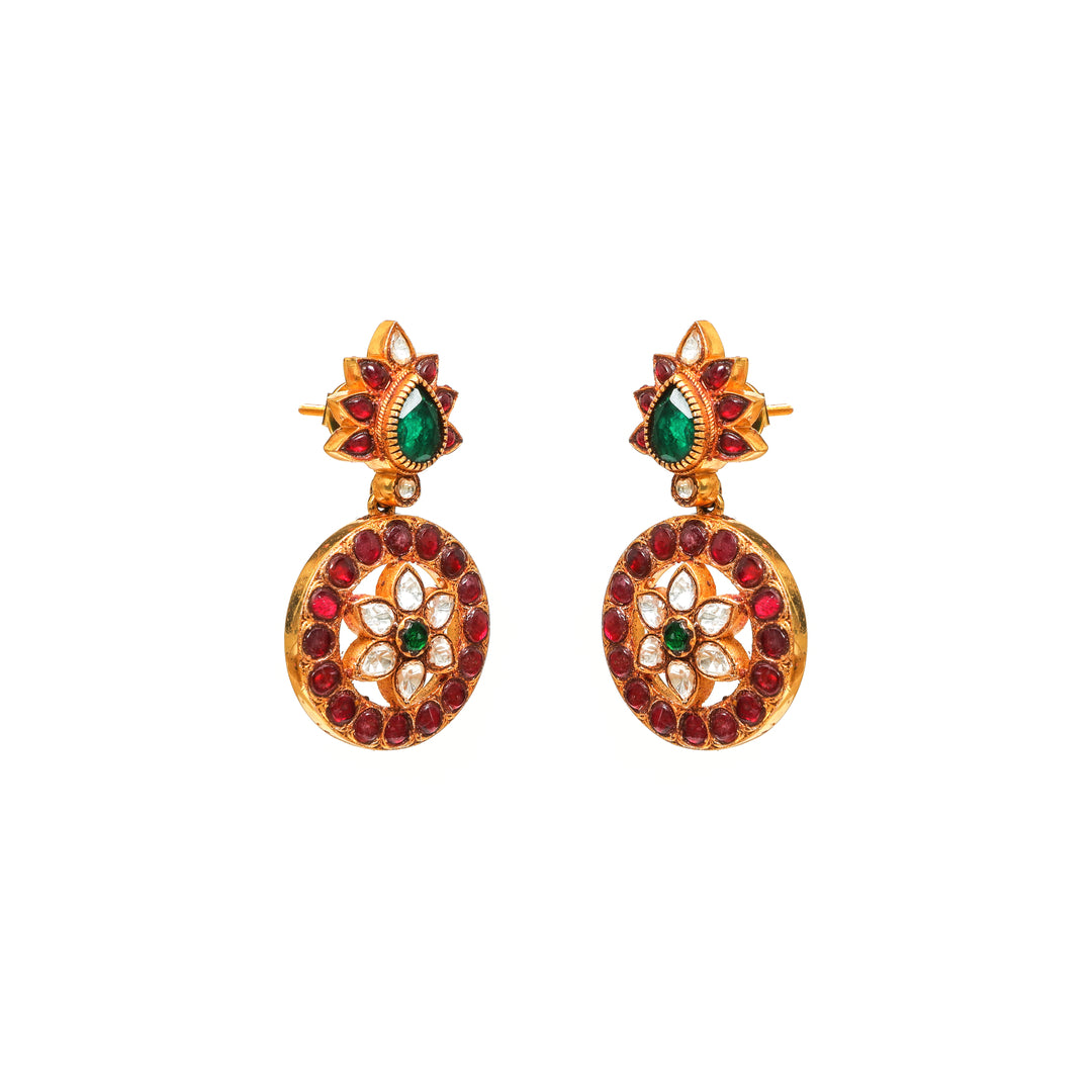 Rang Mahal Circular: round statement earrings with red and green accents and an ornate circular motif