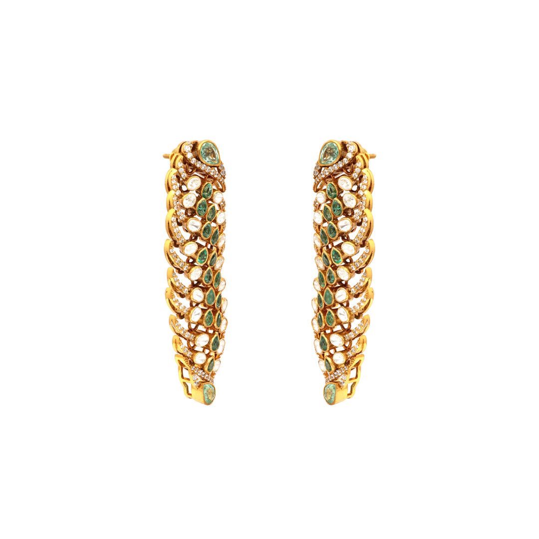 Vanya Leaf: slender leaf-shaped earrings with green accents and clear stone detailing