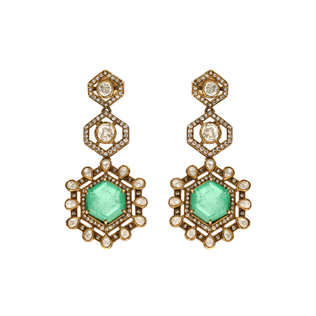 Aadhya Geometric: geometric drop earrings with green centre stones and clear stone borders