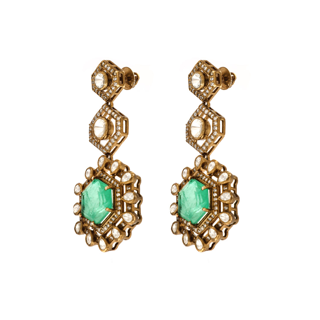 Aadhya Geometric: geometric drop earrings with green centre stones and clear stone borders
