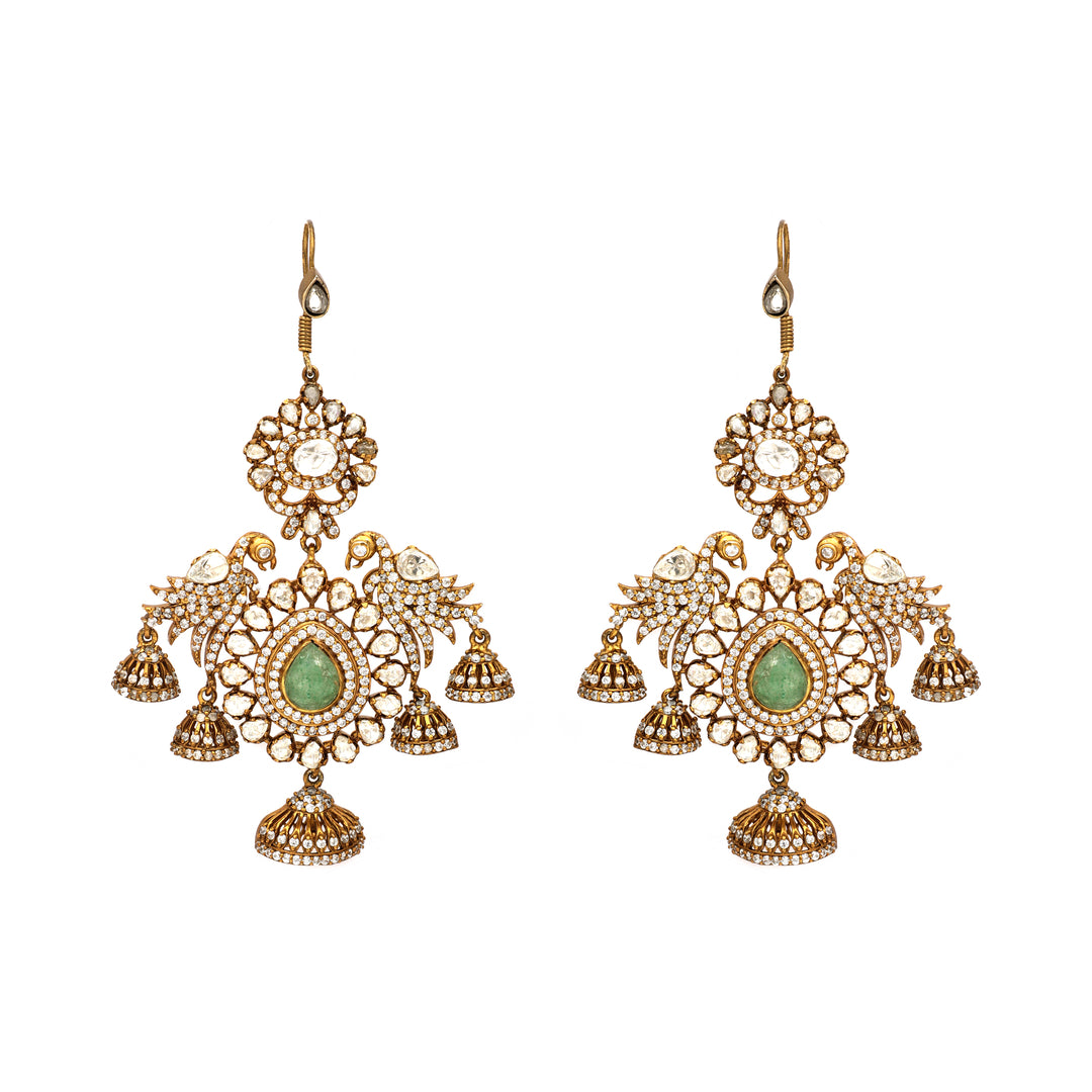 Mughal Jhumka: long chandelier earrings with fine filigree-inspired detailing, green accents and bell-shaped drops
