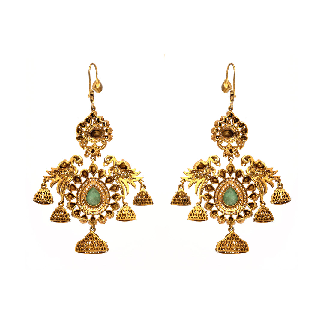 Mughal Jhumka: long chandelier earrings with fine filigree-inspired detailing, green accents and bell-shaped drops