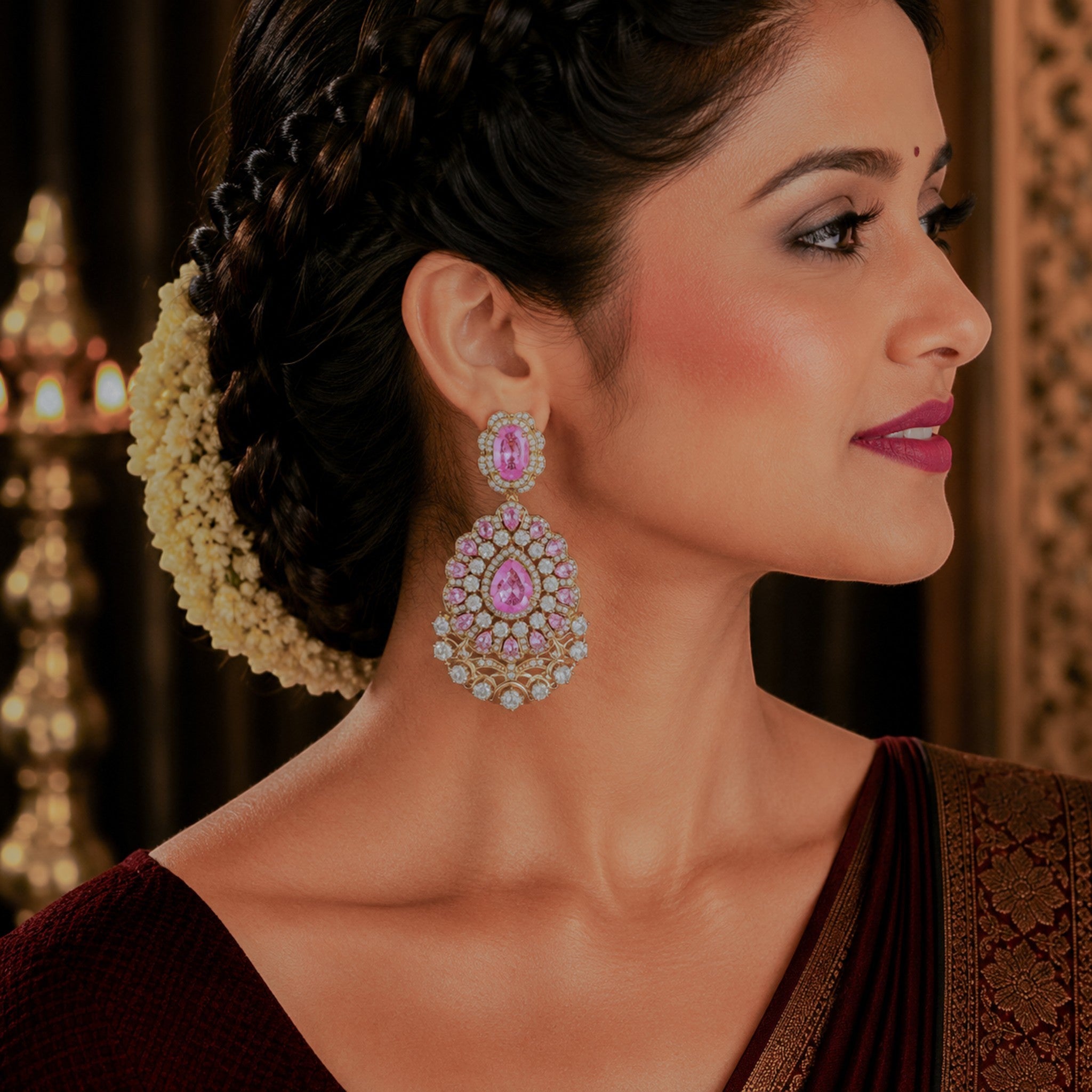 Gulzar Pink Sapphire Statement Drop Earrings