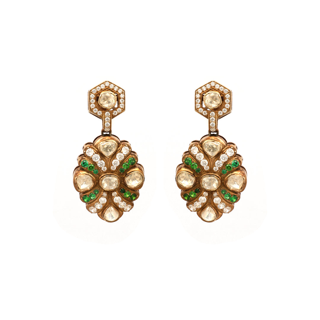 Mogra Cluster: compact floral cluster earrings with green and warm-toned accents