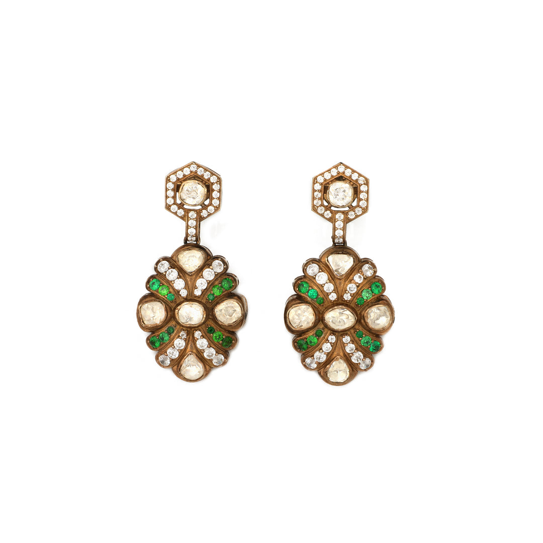 Mogra Cluster: compact floral cluster earrings with green and warm-toned accents
