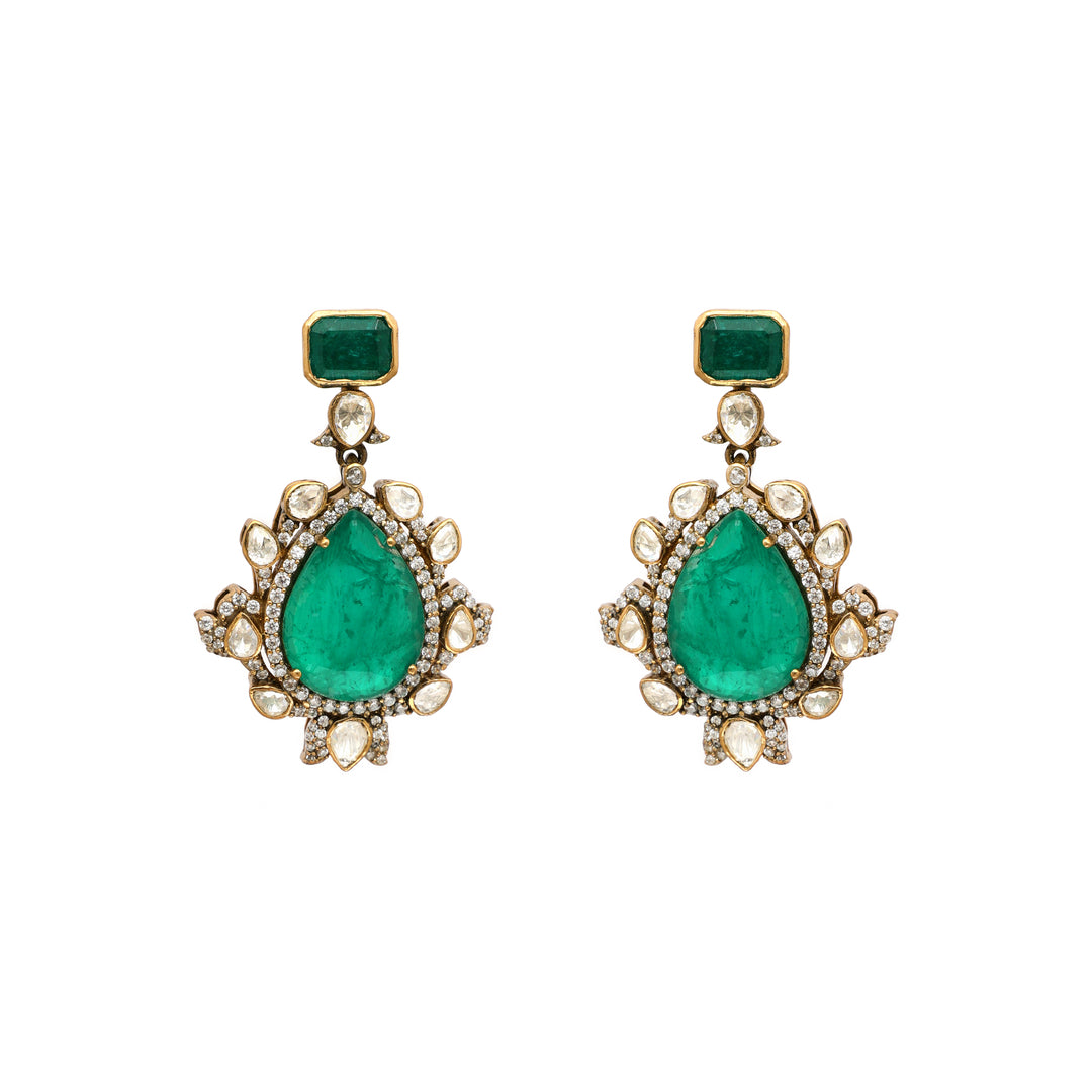Emerald Teardrop: teardrop green centre earrings with ornate clear-stone surrounds