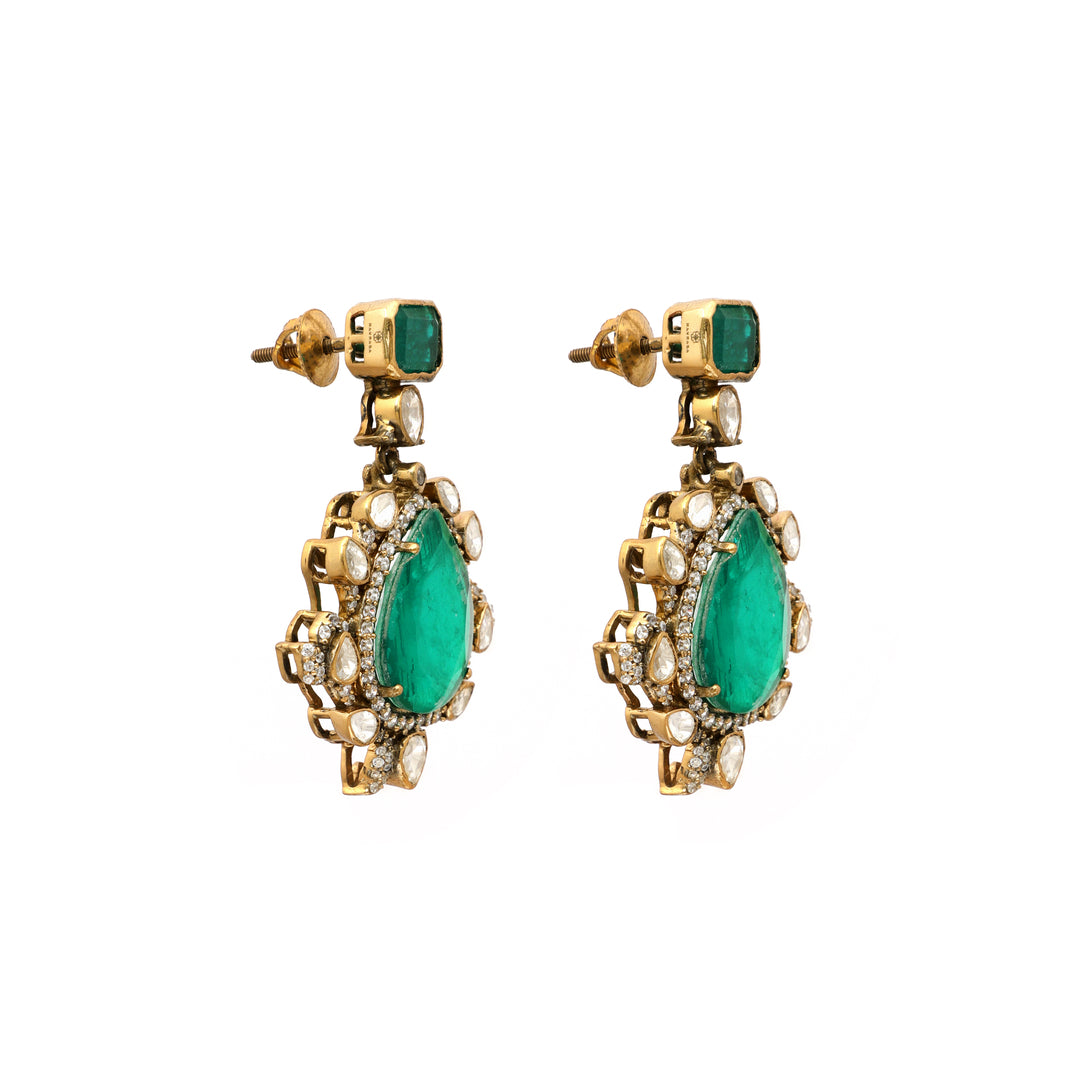 Emerald Teardrop: teardrop green centre earrings with ornate clear-stone surrounds