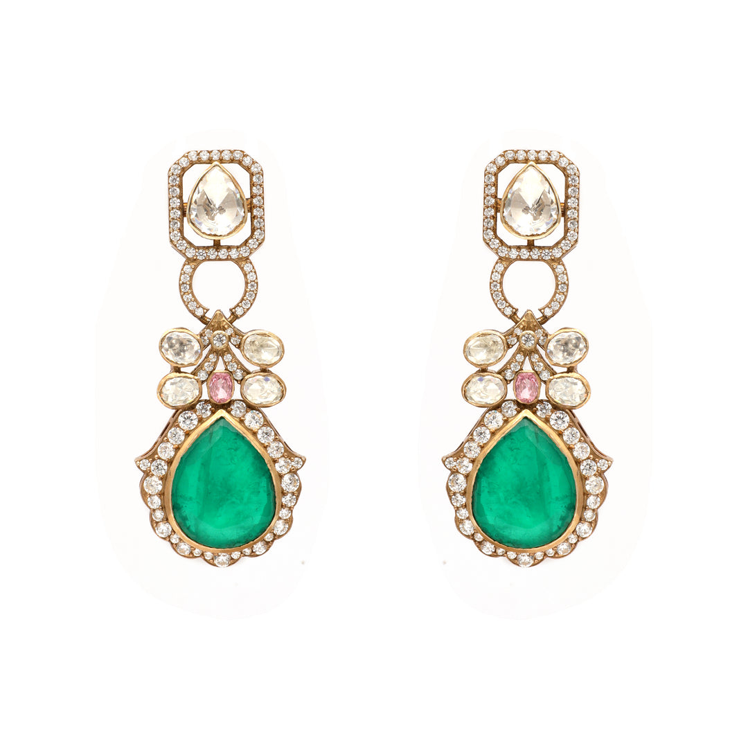 Aarohi Halo Drop: clear-stone top with a green teardrop centre and decorative halo setting