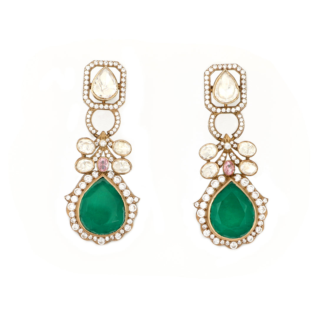 Aarohi Halo Drop: clear-stone top with a green teardrop centre and decorative halo setting