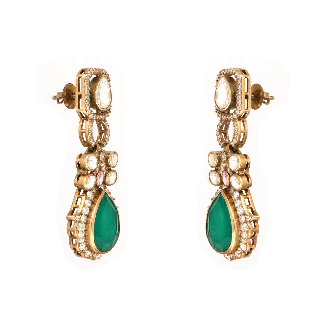 Aarohi Halo Drop: clear-stone top with a green teardrop centre and decorative halo setting