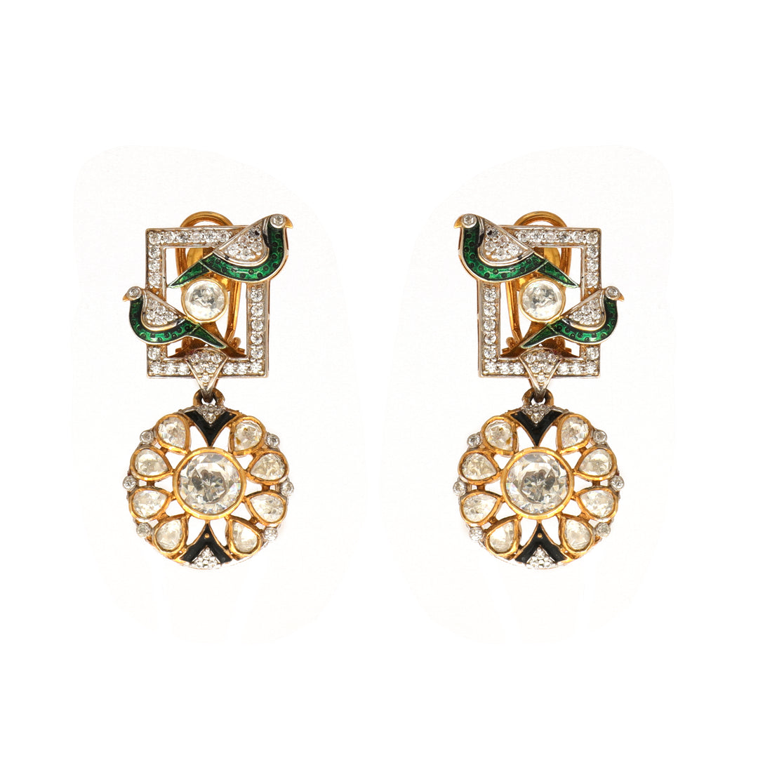 Mosaic Moon: geometric earrings with green and clear accents and a circular lower motif