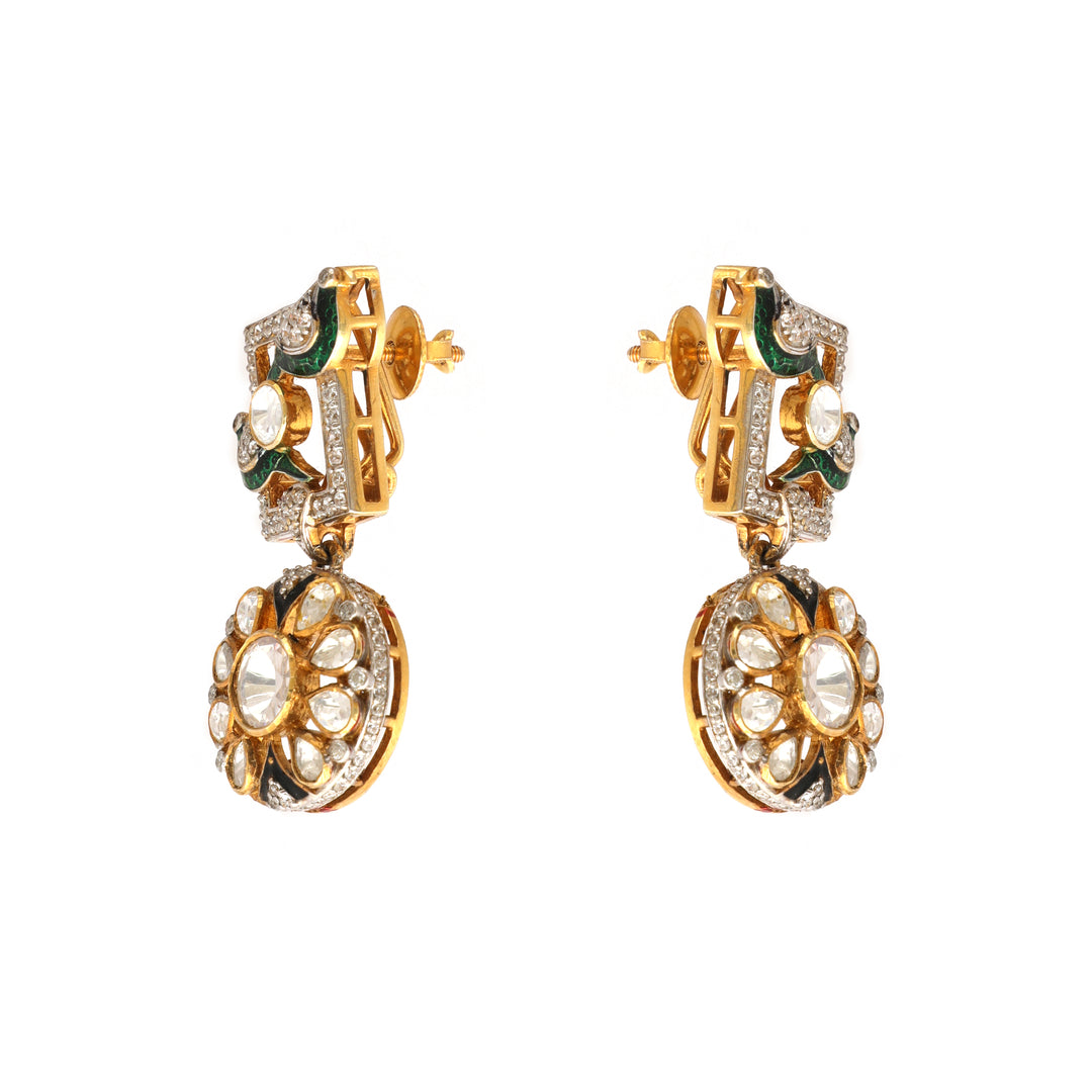 Mosaic Moon: geometric earrings with green and clear accents and a circular lower motif