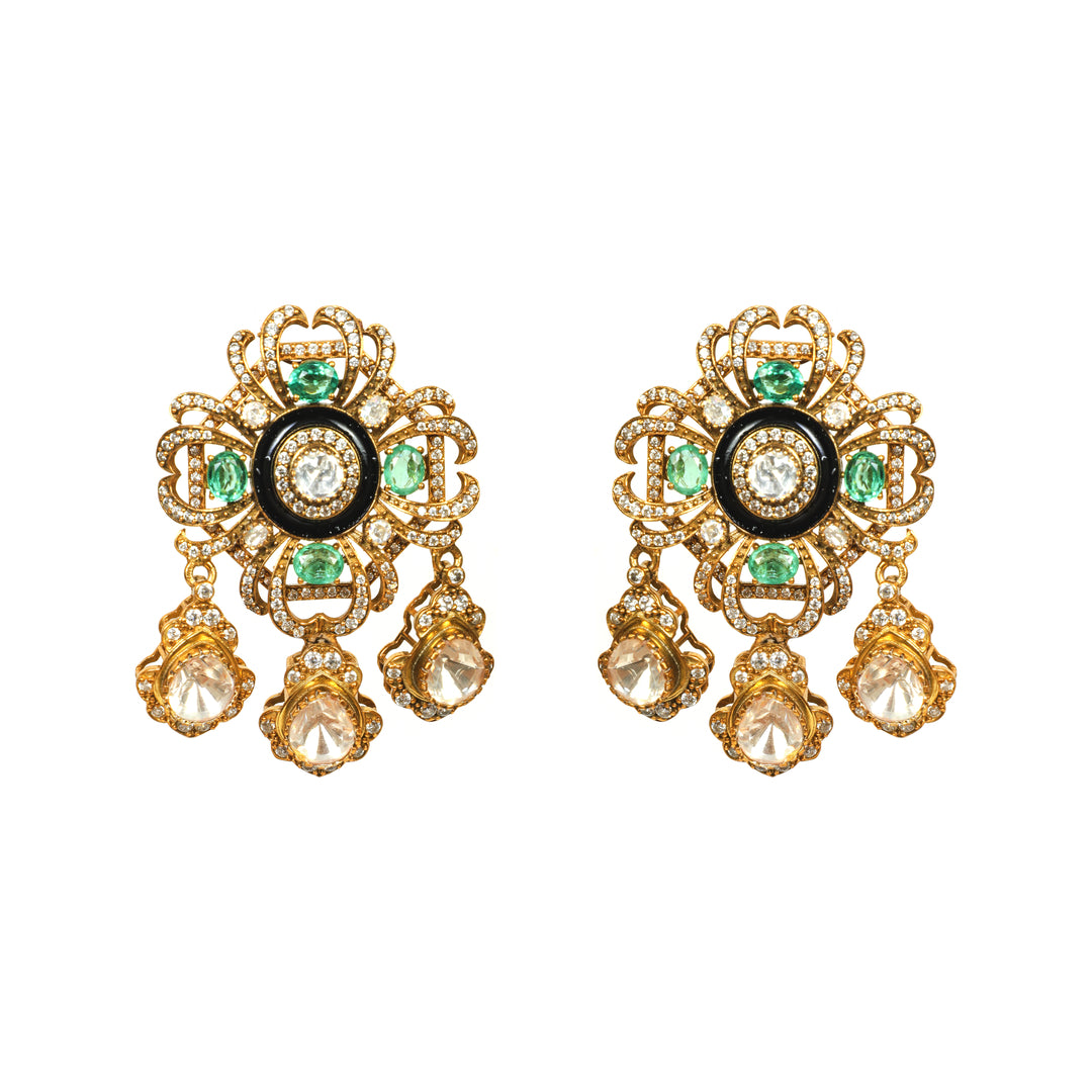 Mughal Emerald Jhumka: ornate round earrings with green centre accents and hanging details