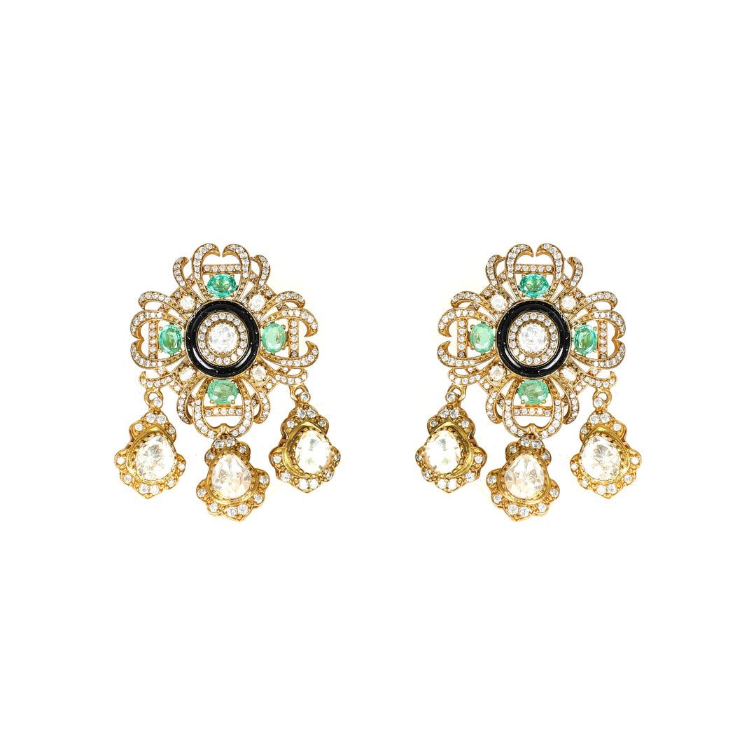 Mughal Emerald Jhumka: ornate round earrings with green centre accents and hanging details