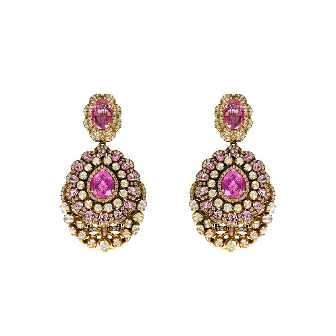 Gulabi Halo: pink and purple-toned oval centre stones surrounded by clear accents