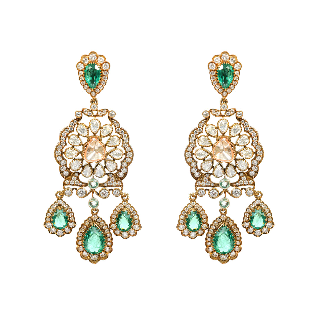 Meenakari Chandbali: ornate chandelier earrings with green accents and multiple decorative drops