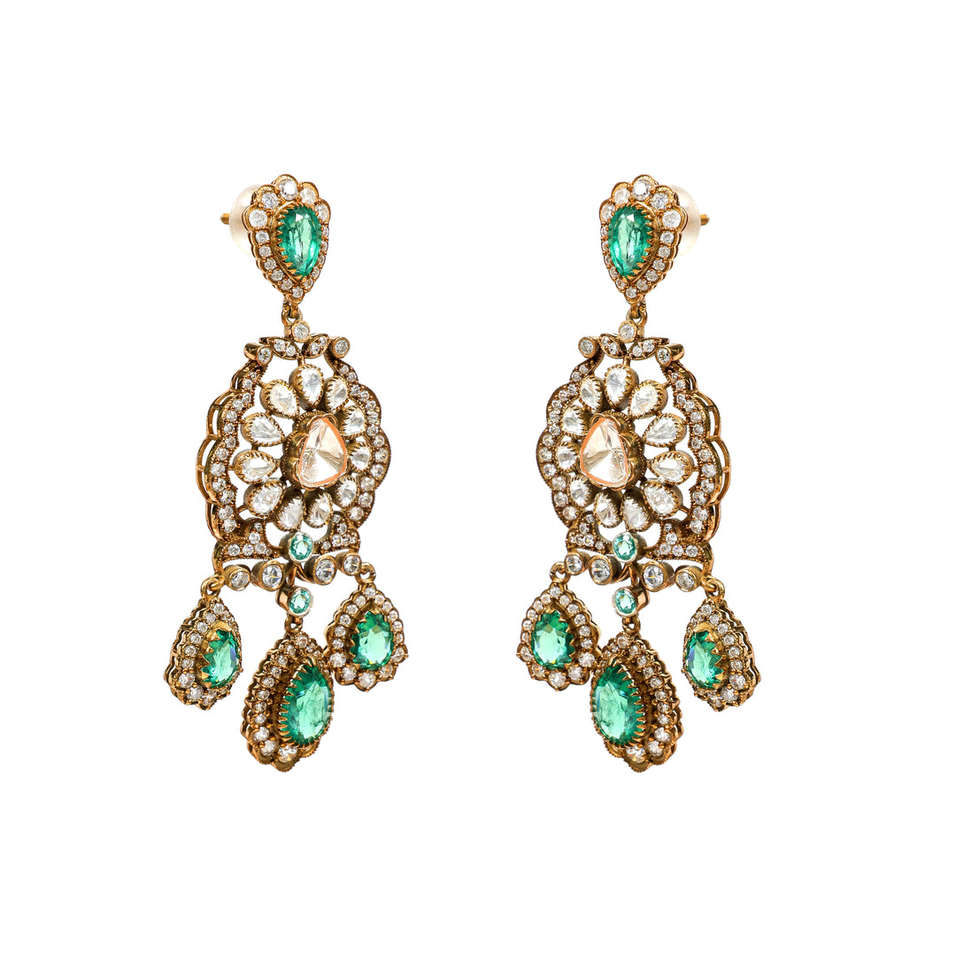 Meenakari Chandbali: ornate chandelier earrings with green accents and multiple decorative drops