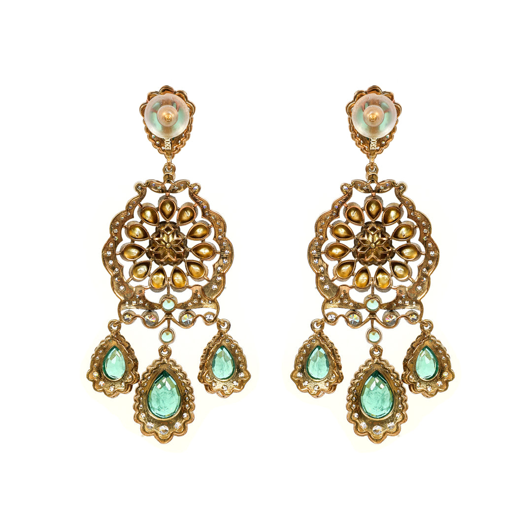 Meenakari Chandbali: ornate chandelier earrings with green accents and multiple decorative drops