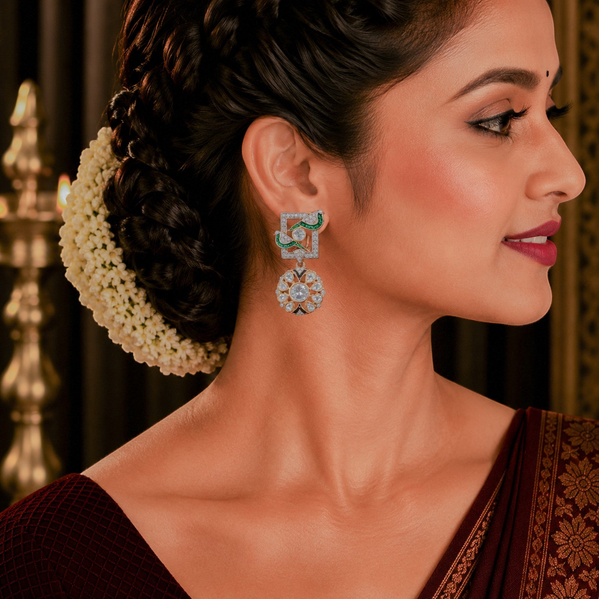 Mayura Enamel &amp; Polki Drop Earrings