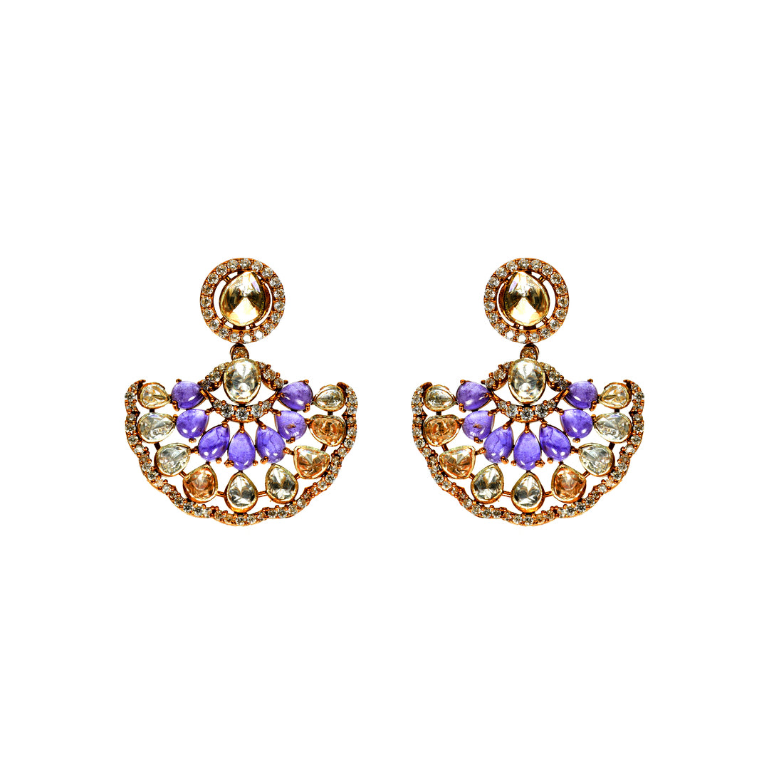 Amethyst Arc: curved half-moon earrings with purple and clear stone accents