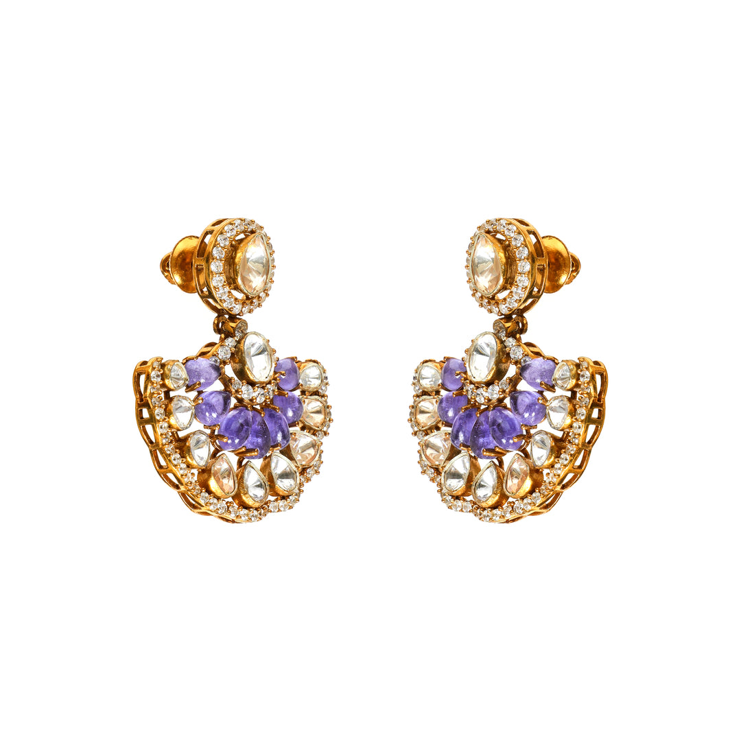 Amethyst Arc: curved half-moon earrings with purple and clear stone accents