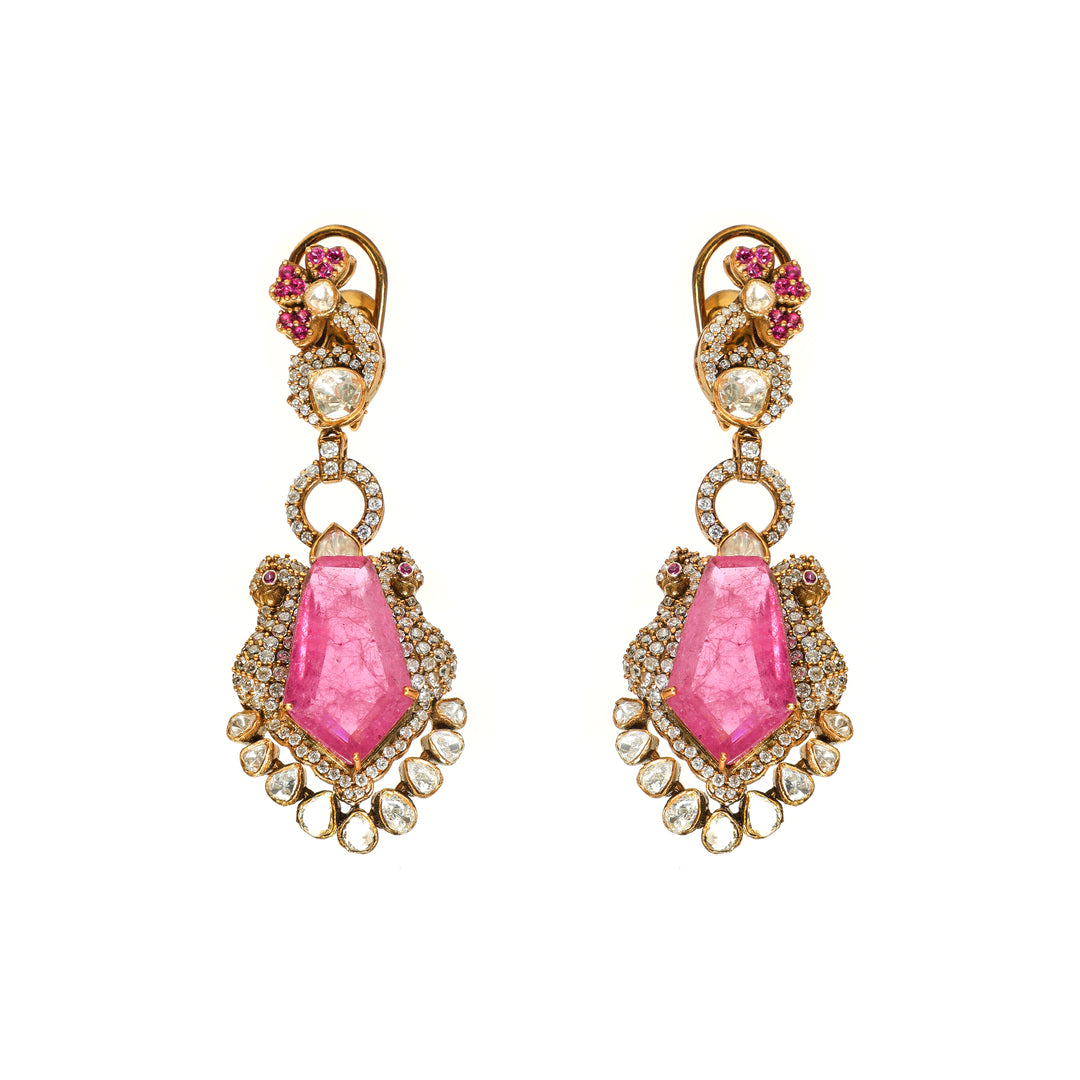 Rose Quartz Drop: pink teardrop centre earrings with red accents and ornate detailing