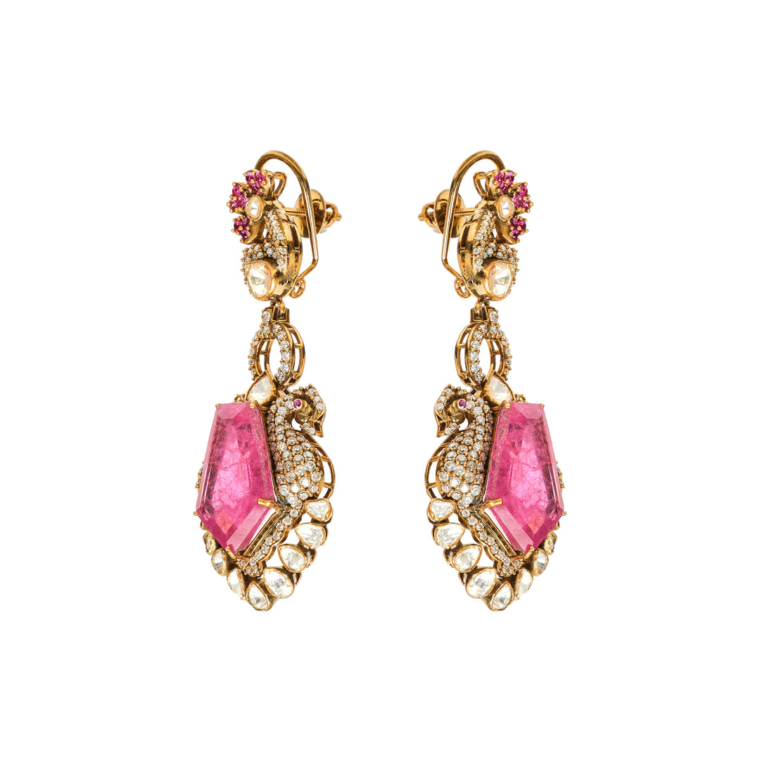 Rose Quartz Drop: pink teardrop centre earrings with red accents and ornate detailing