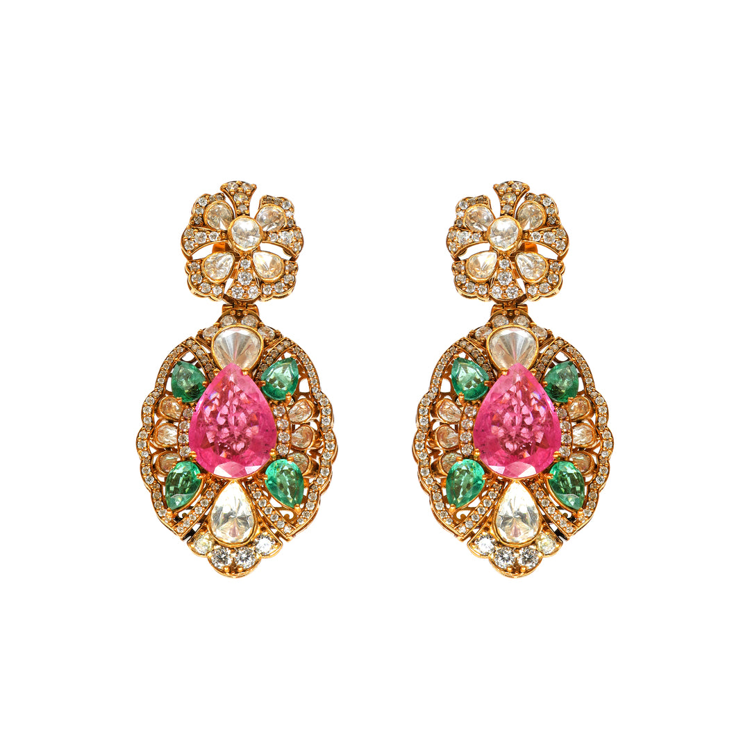 Rani Pink Medallion: ornate oval earrings with pink centre stones, green accents and clear detailing