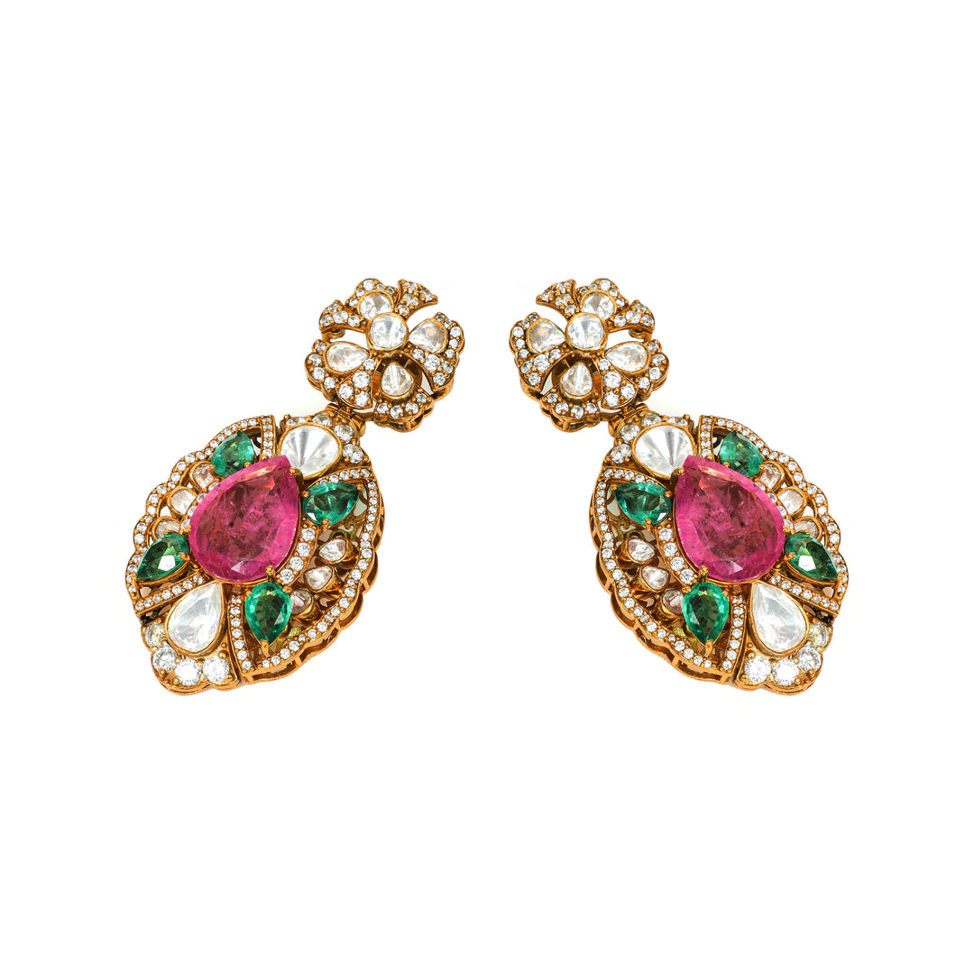 Rani Pink Medallion: ornate oval earrings with pink centre stones, green accents and clear detailing