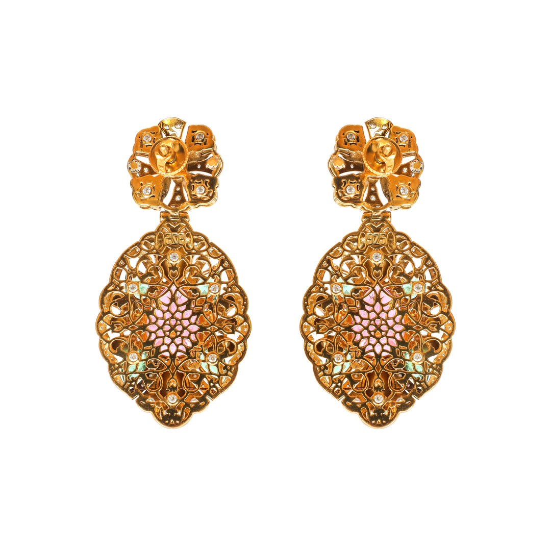 Rani Pink Medallion: ornate oval earrings with pink centre stones, green accents and clear detailing