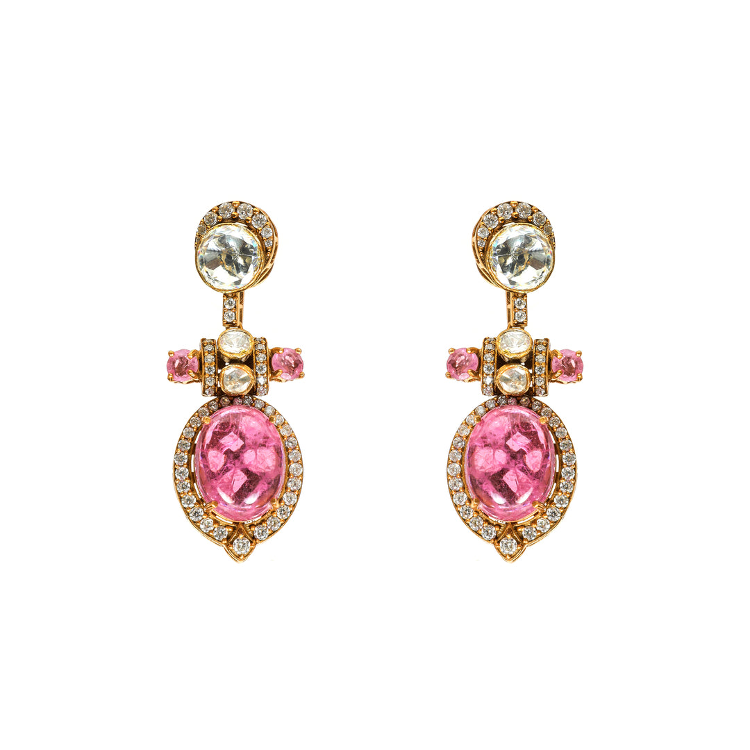 Rose Drop Linear: linear earrings with pink oval drops, clear accents and a delicate geometric top