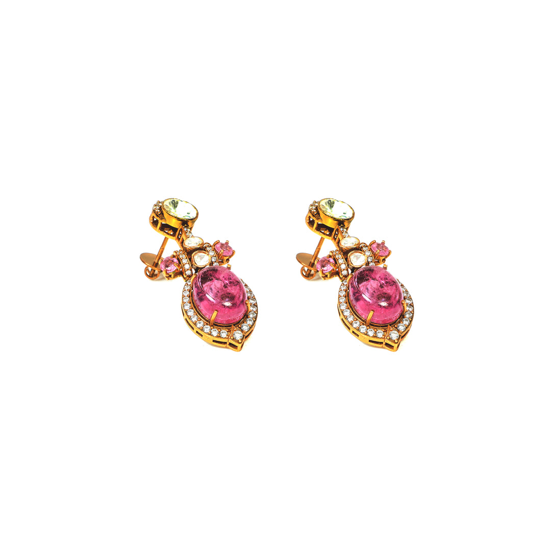 Rose Drop Linear: linear earrings with pink oval drops, clear accents and a delicate geometric top