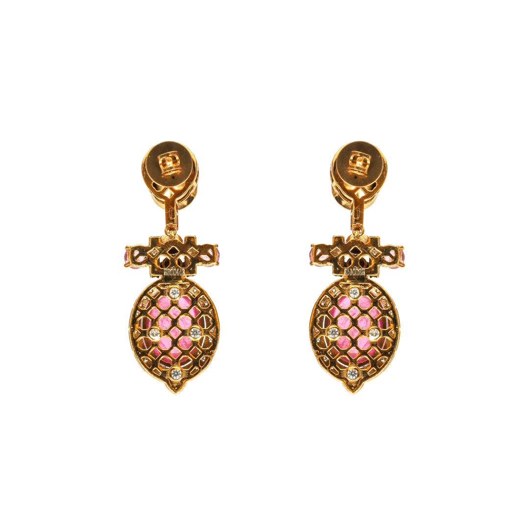 Rose Drop Linear: linear earrings with pink oval drops, clear accents and a delicate geometric top
