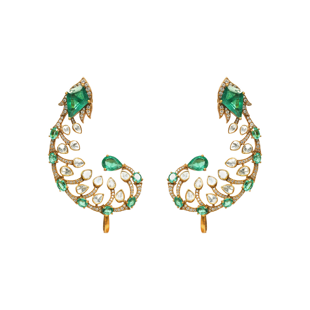 Emerald Feather: curved feather-inspired earrings with green and clear stone accents