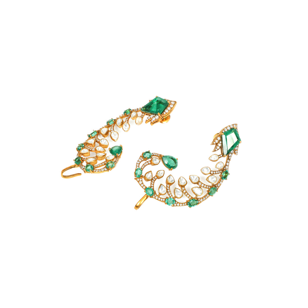 Emerald Feather: curved feather-inspired earrings with green and clear stone accents
