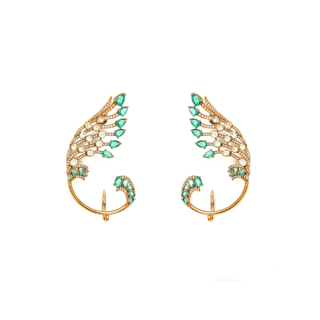 Leafline Emerald: slender leaf-inspired earrings with green accents and clear stone detailing